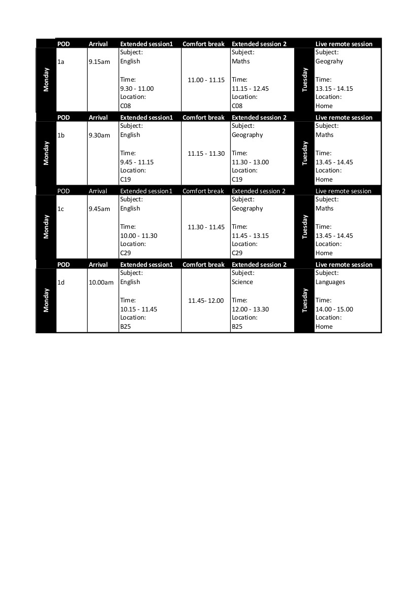 POD 1 TIMETABLE