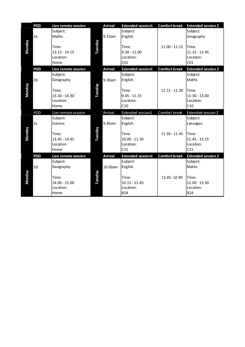 POD 2 TIMETABLE